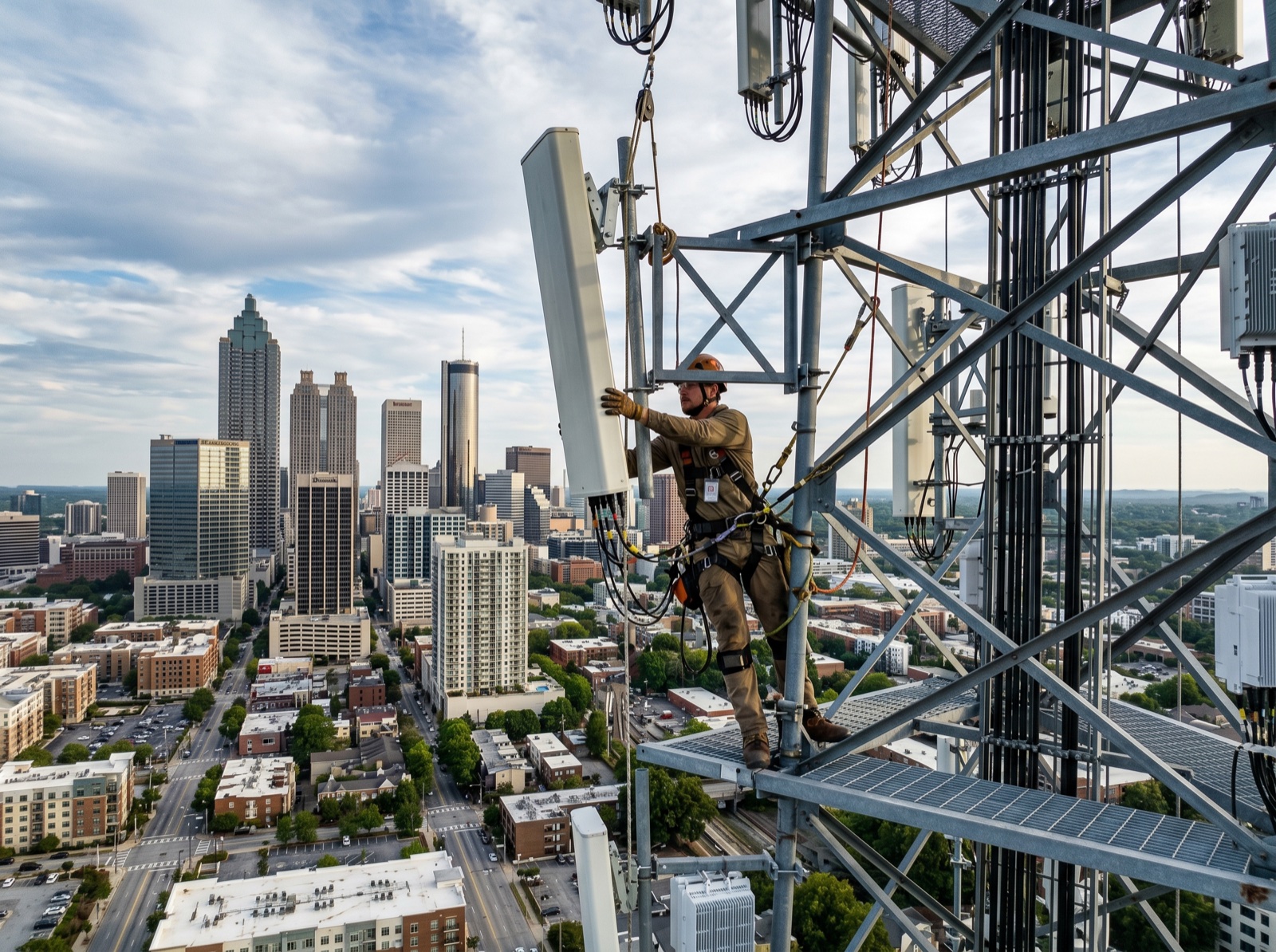 Macro tower colocation upgrade for Verizon in Atlanta, Georgia — final image will show antenna array swap on existing tower
