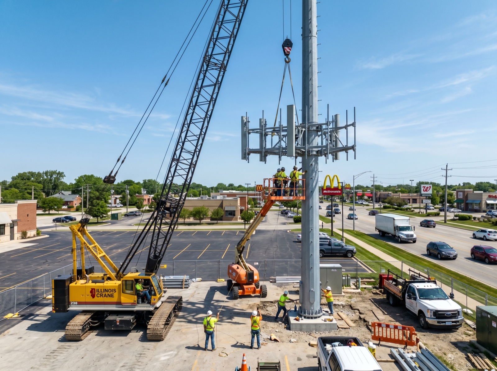 Macro cell tower construction for Verizon in Carol Stream, Illinois — final image will show crew ascending completed tower