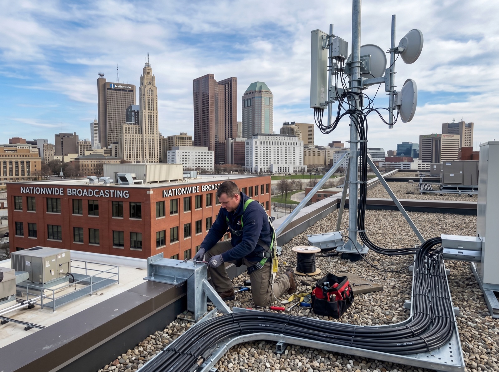 Rooftop antenna system installation in Columbus, Ohio — final image will show antenna mounts on commercial building rooftop