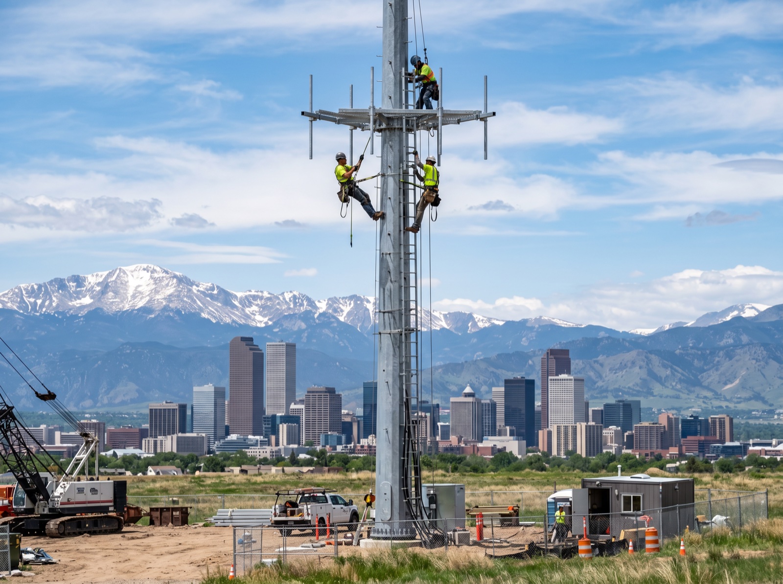 Greenfield monopole construction for US Cellular in Denver, Colorado — final image will show newly erected monopole tower