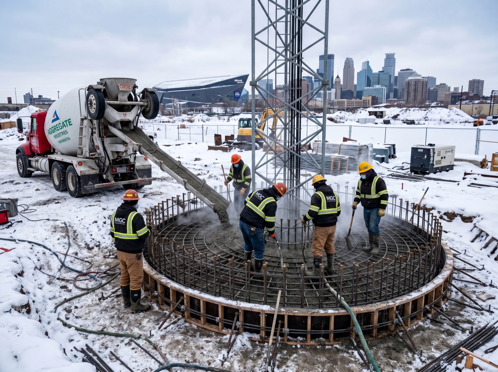 New macro tower build with fiber backhaul in Minneapolis, Minnesota — final image will show tower under construction with fiber trenching visible
