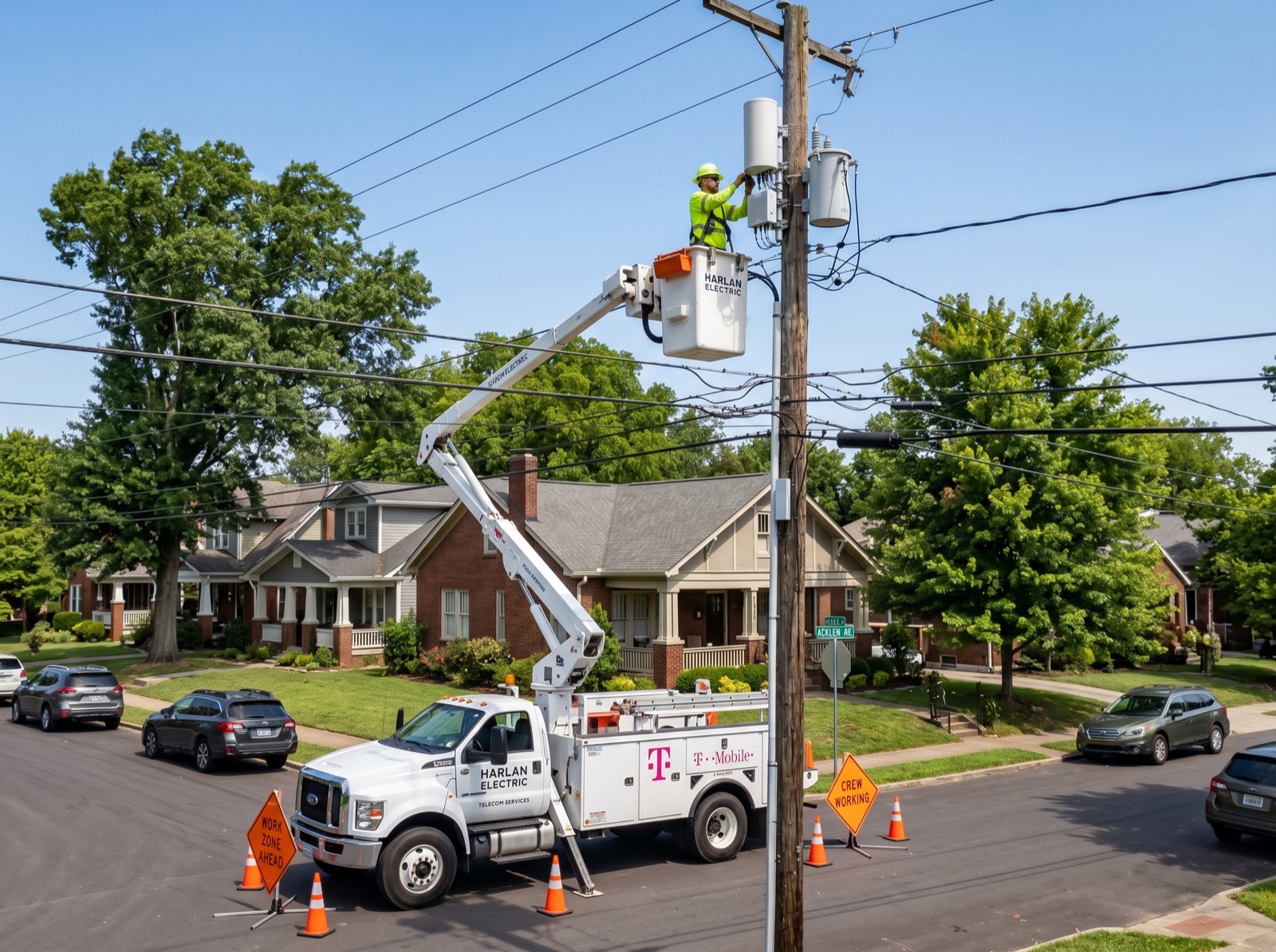 Small cell deployment in Nashville, Tennessee — final image will show crew installing small cell equipment on utility pole