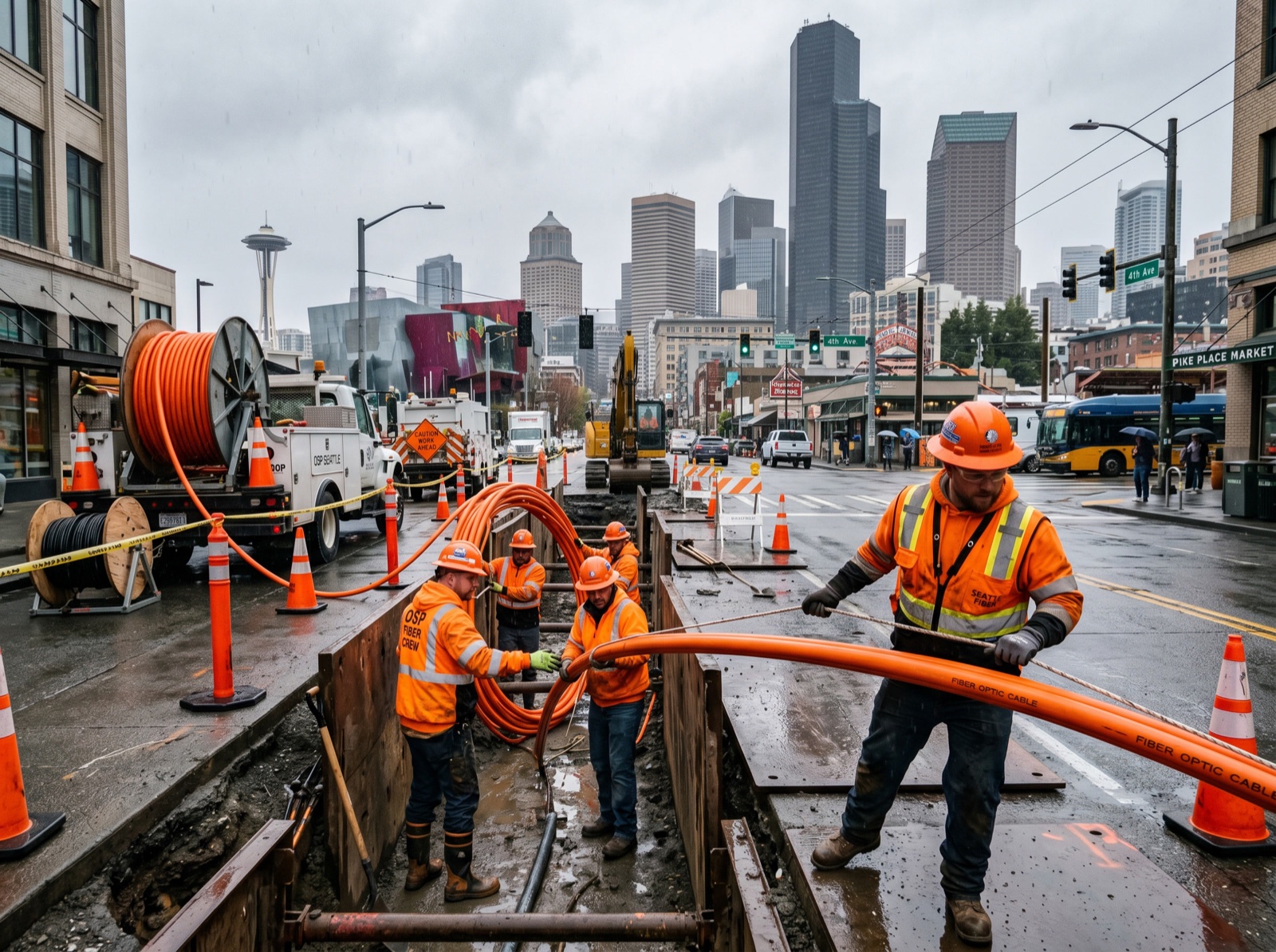 OSP fiber installation in Seattle, Washington — final image will show crew pulling fiber through underground conduit